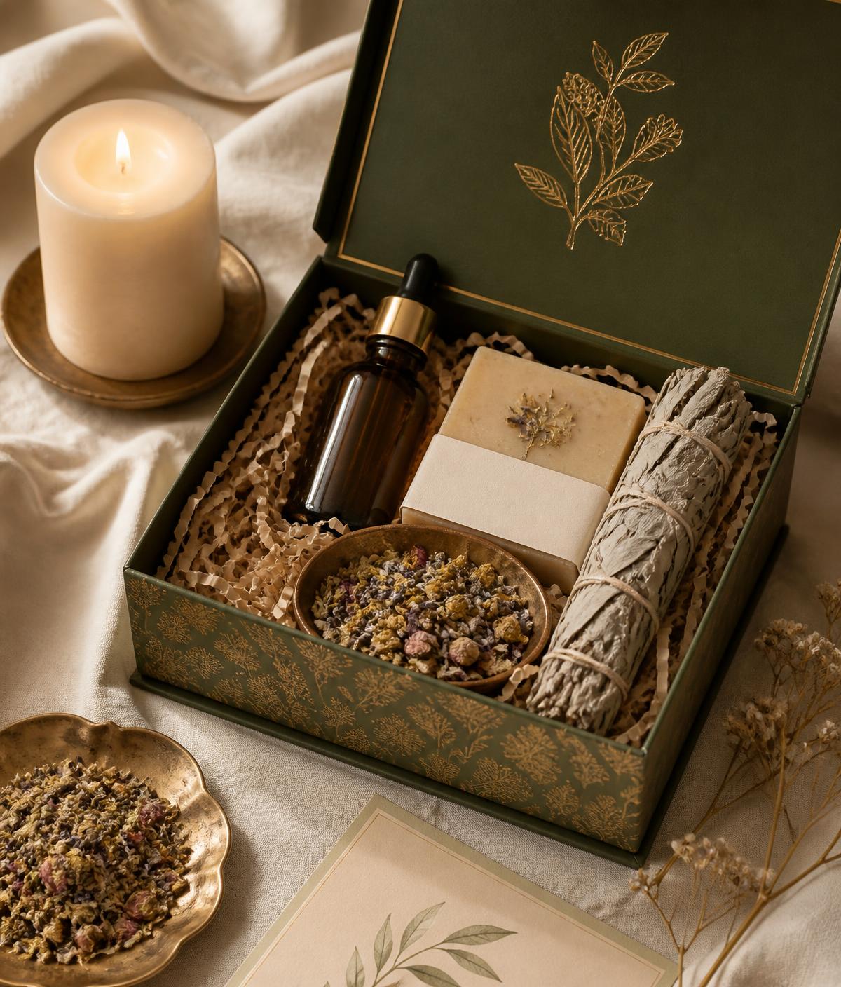 Caja premium de Flor de Luna Nueva con vela, aceite, jabón, salvia y hierbas para baño
