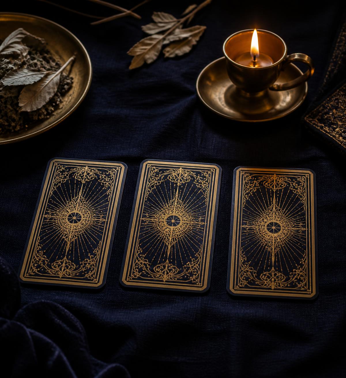 Tres cartas de Tarot con detalles dorados junto a una vela y hierbas sobre lino azul noche